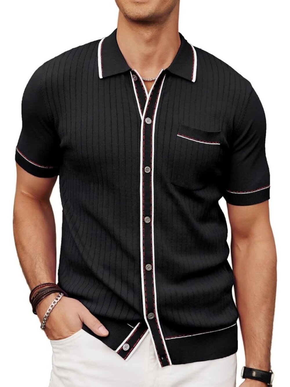 Mens Black Vintage Knit Button Down Polo Casual Beach Vacation Shirt